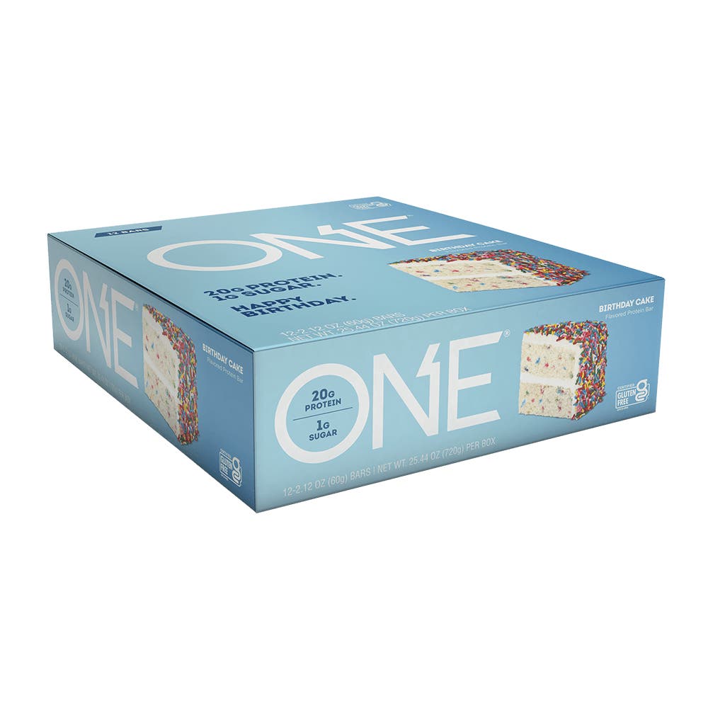 ONE BARS Birthday Cake Flavored Protein Bars, 2.12 oz, 12 count box - Left Side of Package