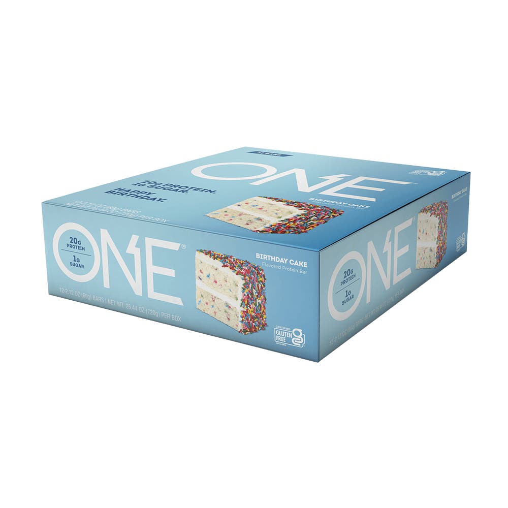 ONE BARS Birthday Cake Flavored Protein Bars, 2.12 oz, 12 count box - Right Side of Package