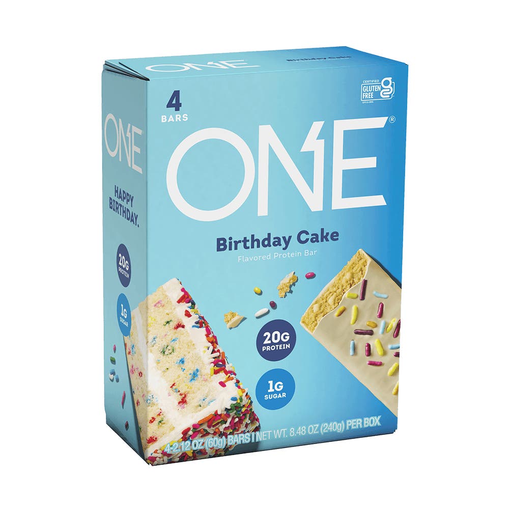 ONE BARS Birthday Cake Flavored Protein Bars, 2.12 oz, 4 count box - Side of Package