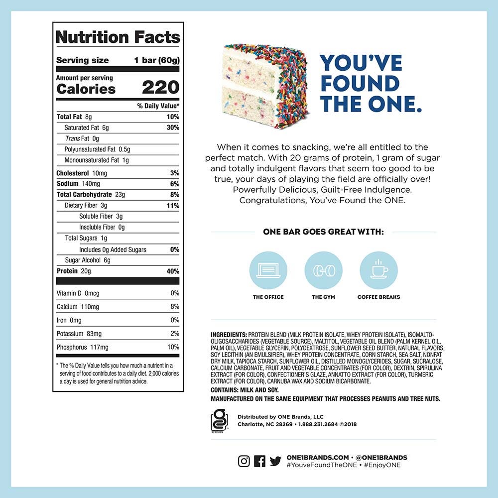 ONE BARS Birthday Cake Flavored Protein Bars, 2.12 oz, 12 count box - Nutritional