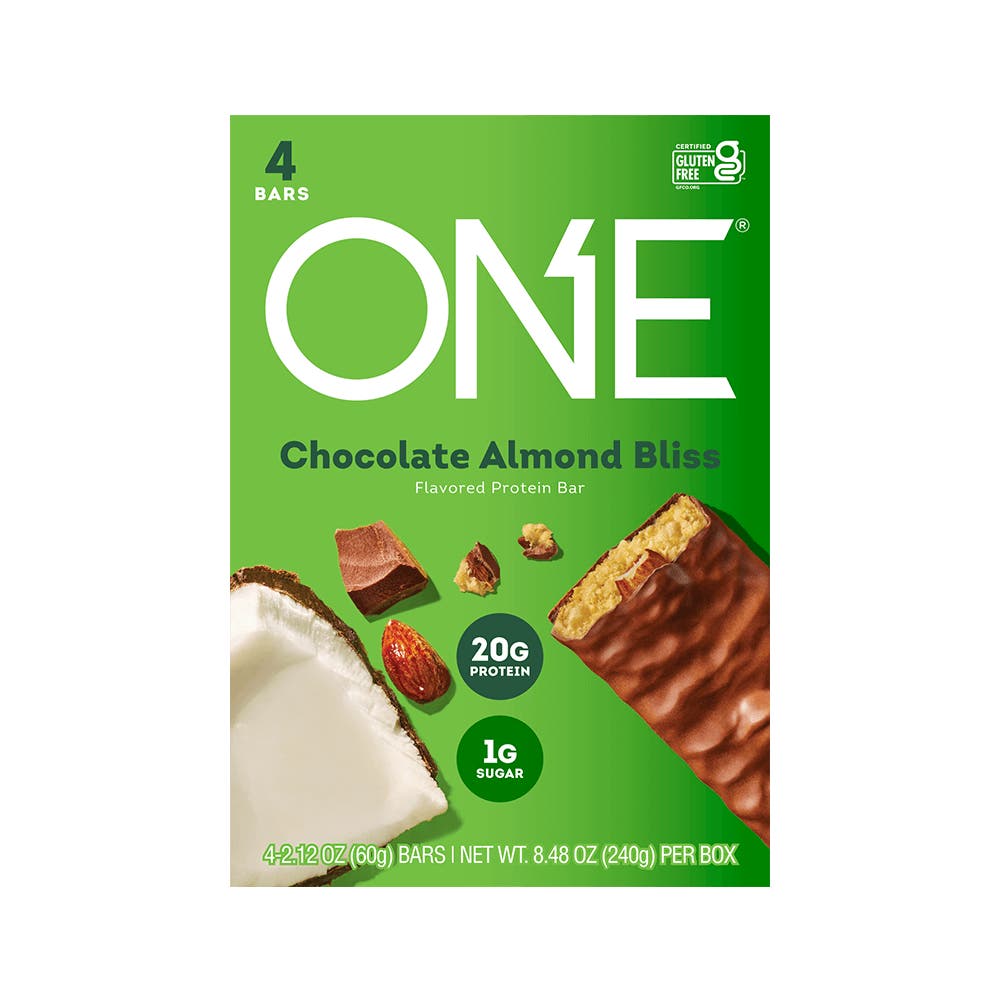 ONE BARS Chocolate Almond Bliss Flavored Protein Bars, 2.12 oz, 4 count box - Front of Package