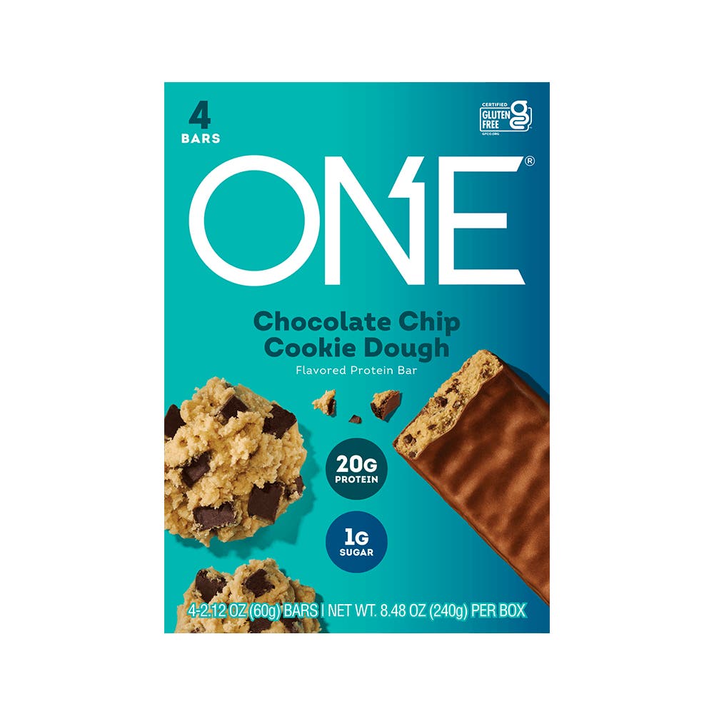 ONE BARS Chocolate Chip Cookie Dough Flavored Protein Bars, 2.12 oz, 4 count box - Front of Package