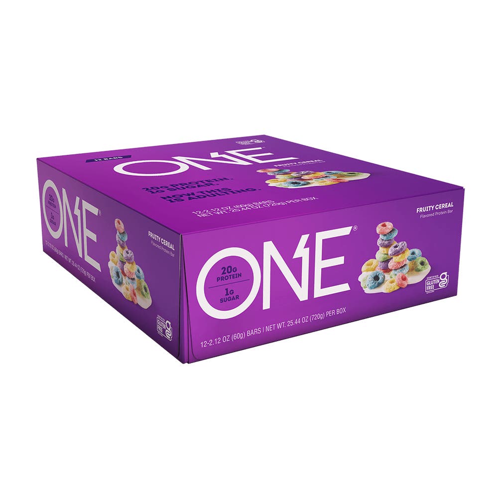 ONE BARS Fruity Cereal Flavored Protein Bars, 2.12 oz, 12 count box - Left Side of Package