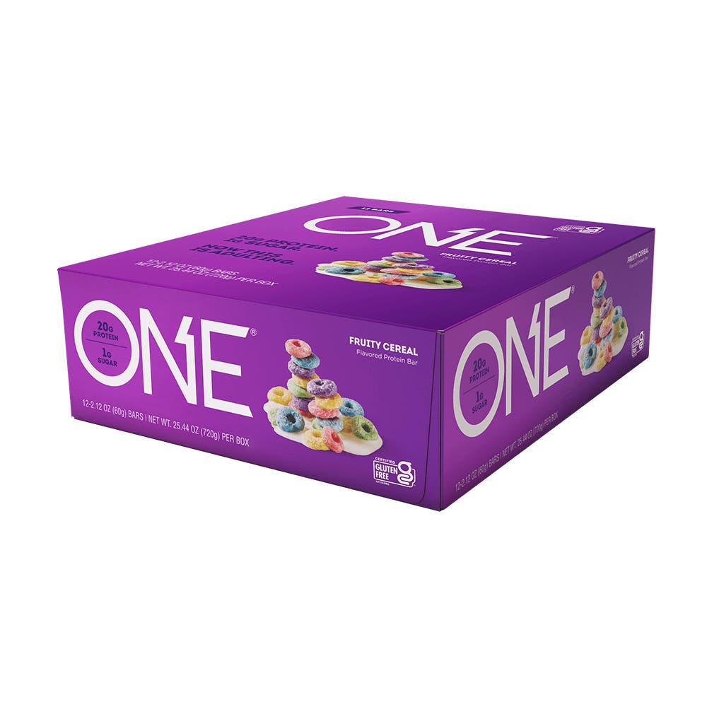 ONE BARS Fruity Cereal Flavored Protein Bars, 2.12 oz, 12 count box - Right Side of Package