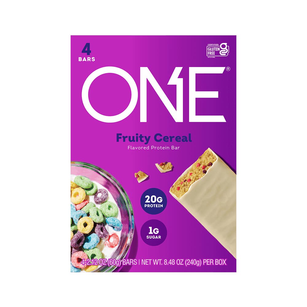 ONE BARS Fruity Cereal Flavored Protein Bars, 2.12 oz, 4 count box - Front of Package