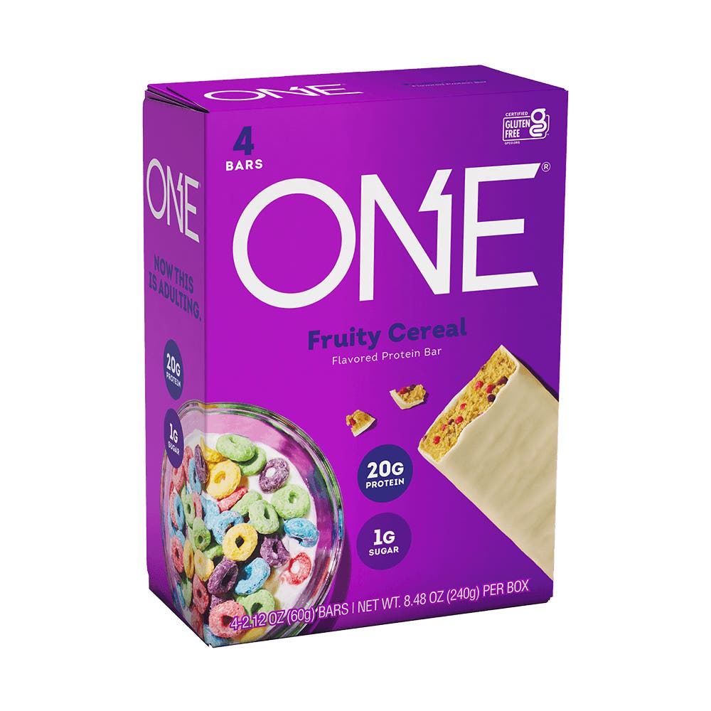 ONE BARS Fruity Cereal Flavored Protein Bars, 2.12 oz, 4 count box - Side of Package