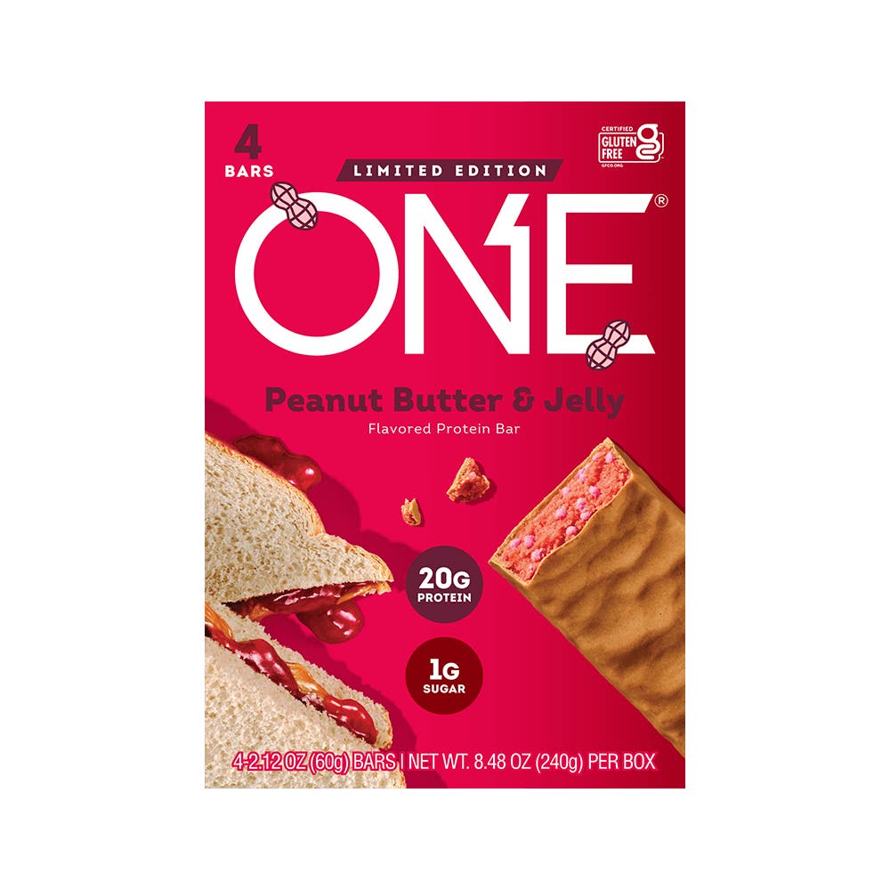 ONE BARS Peanut Butter & Jelly Flavored Protein Bars, 2.12 oz, 4 count box - Front of Package