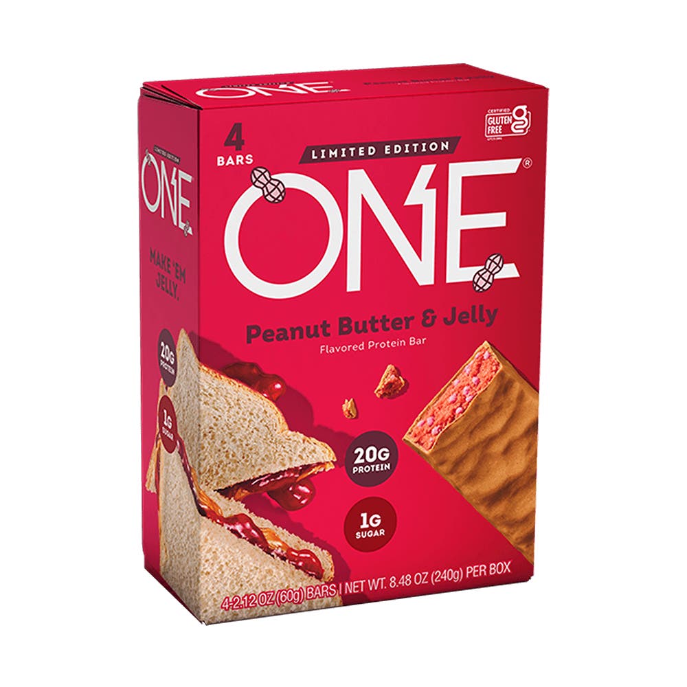 ONE BARS Peanut Butter & Jelly Flavored Protein Bars, 2.12 oz, 4 count box - Side of Package
