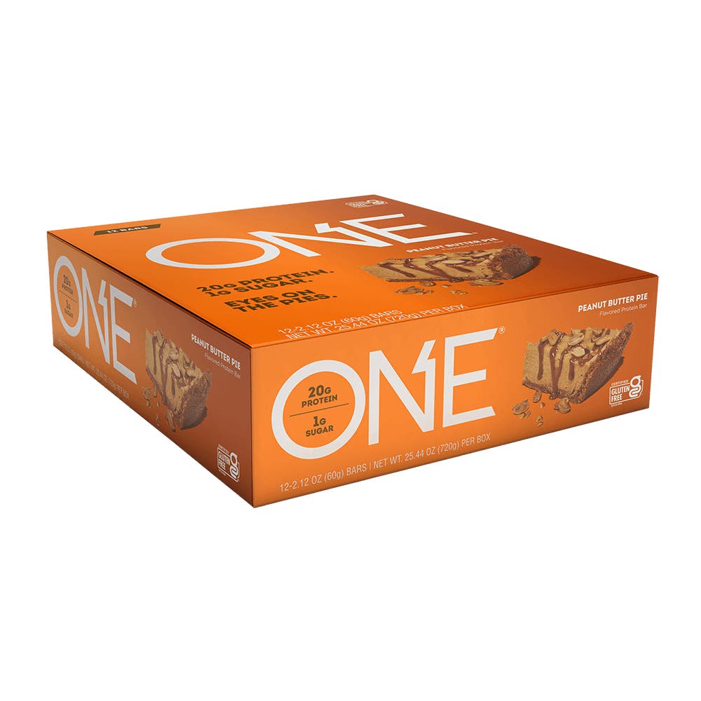 ONE BARS Peanut Butter Pie Flavored Protein Bars, 2.12 oz, 12 count box - Left Side of Package