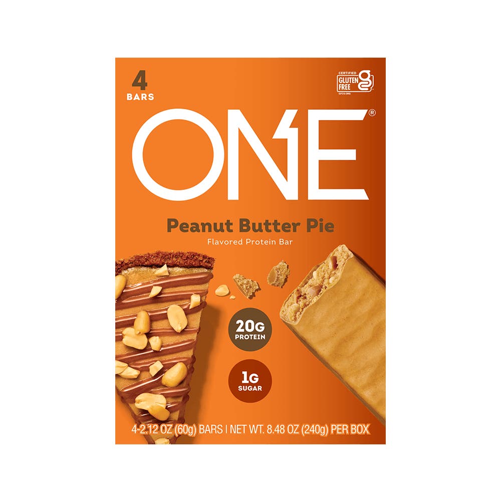 ONE BARS Peanut Butter Pie Flavored Protein Bars, 2.12 oz, 4 count box - Front of Package