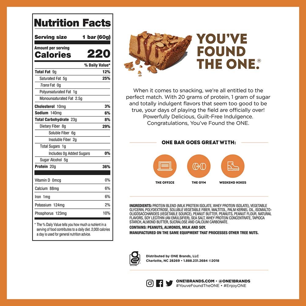 ONE BARS Peanut Butter Pie Flavored Protein Bars, 2.12 oz, 12 count box - Nutritional