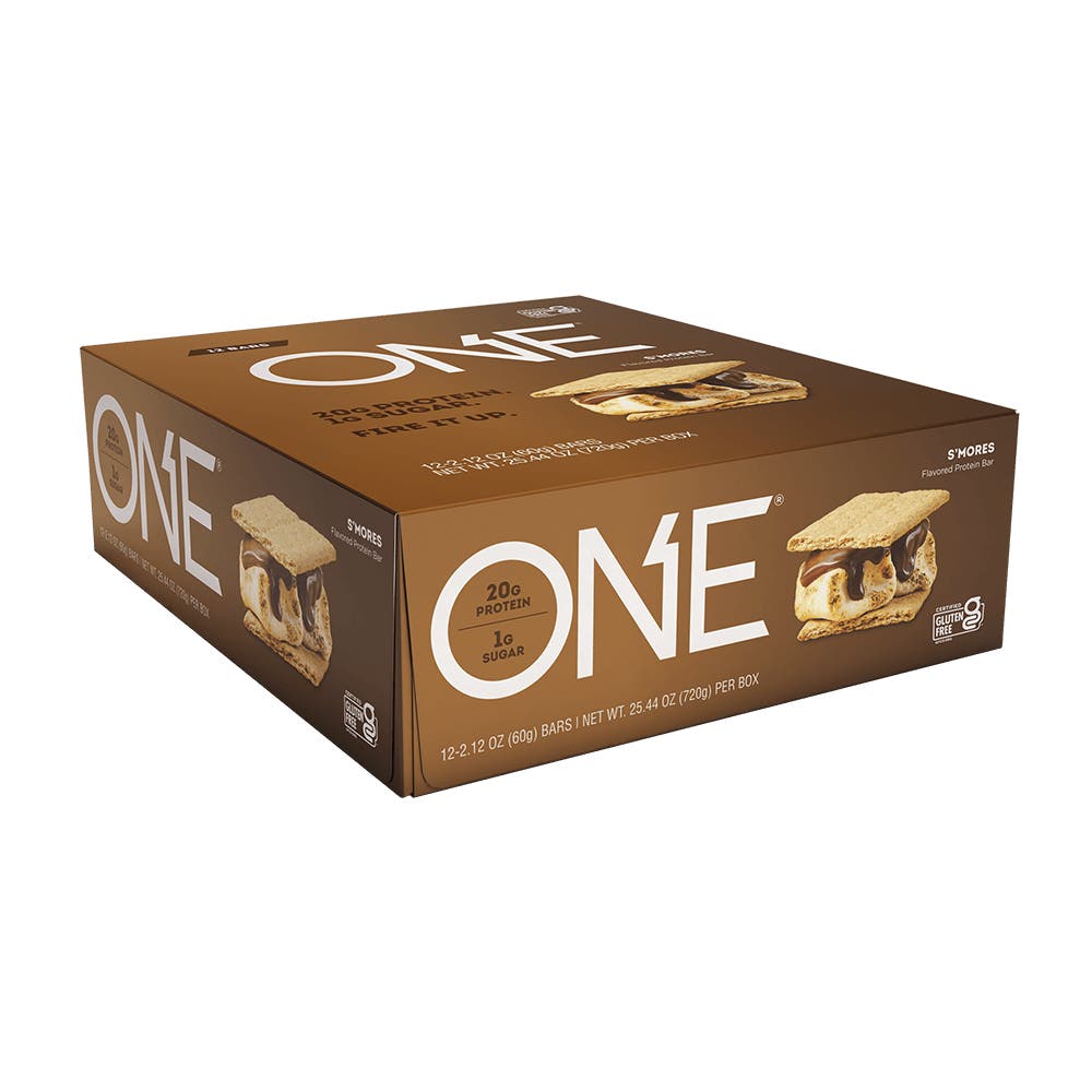 ONE BARS S'mores Flavored Protein Bars, 2.12 oz, 12 count box - Left Side of Package