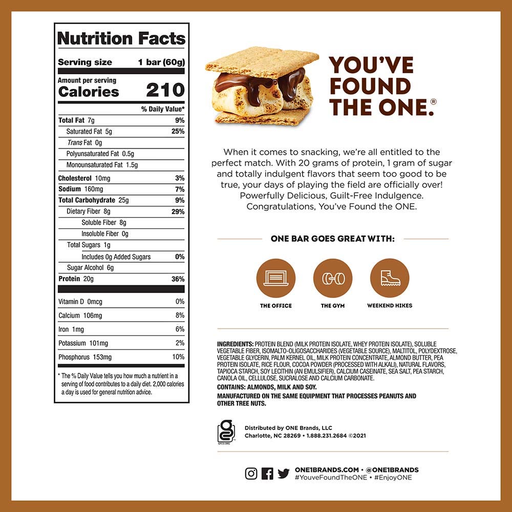 ONE BARS S'mores Flavored Protein Bars, 2.12 oz, 4 count box - Nutritional