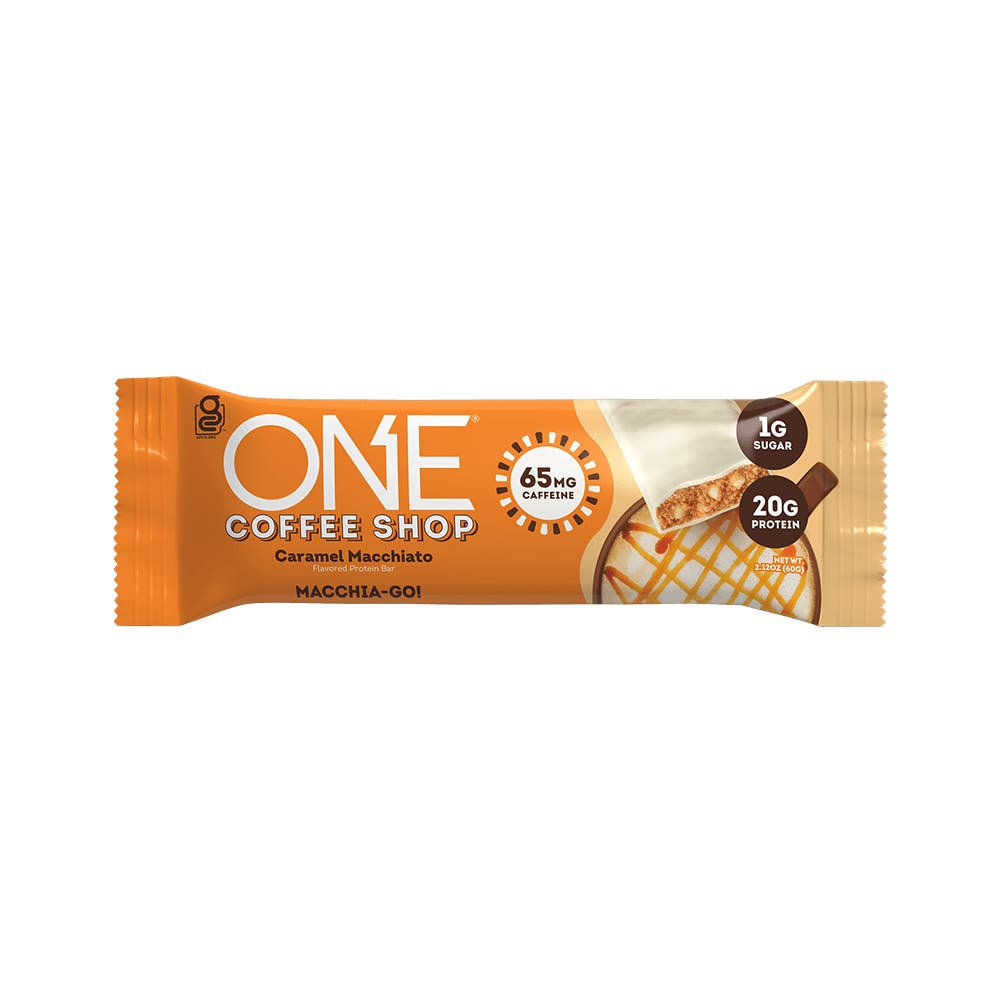 ONE COFFEE SHOP Caramel Macchiato Flavored Protein Bar, 2.12 oz - Front of Package