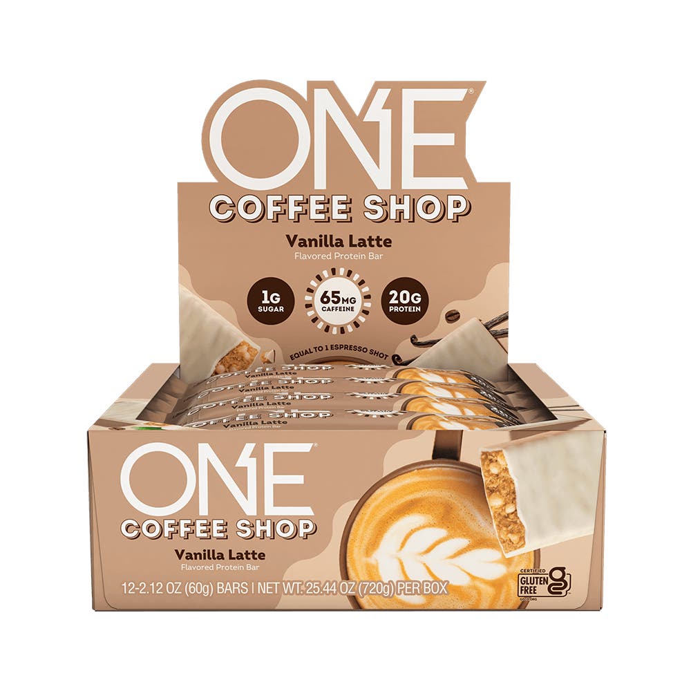 ONE COFFEE SHOP Vanilla Latte Flavored Protein Bars, 2.12 oz, 12 count box - Front of Package