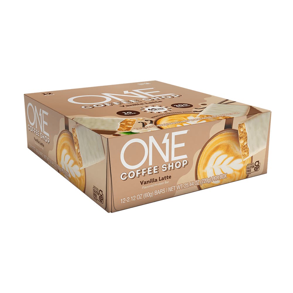 ONE COFFEE SHOP Vanilla Latte Flavored Protein Bars, 2.12 oz, 12 count box - Left Side of Package