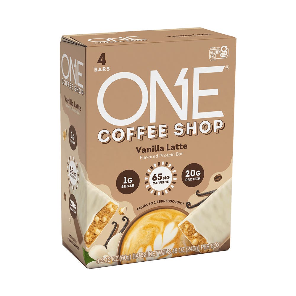ONE COFFEE SHOP Vanilla Latte Flavored Protein Bars, 2.12 oz, 4 count box - Side of Package