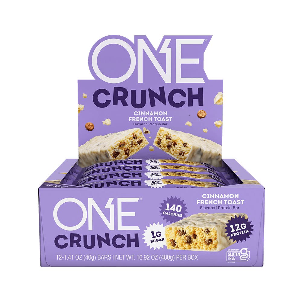 ONE CRUNCH Cinnamon French Toast Flavored Protein Bars, 1.41 oz, 12 count box - Front of Package