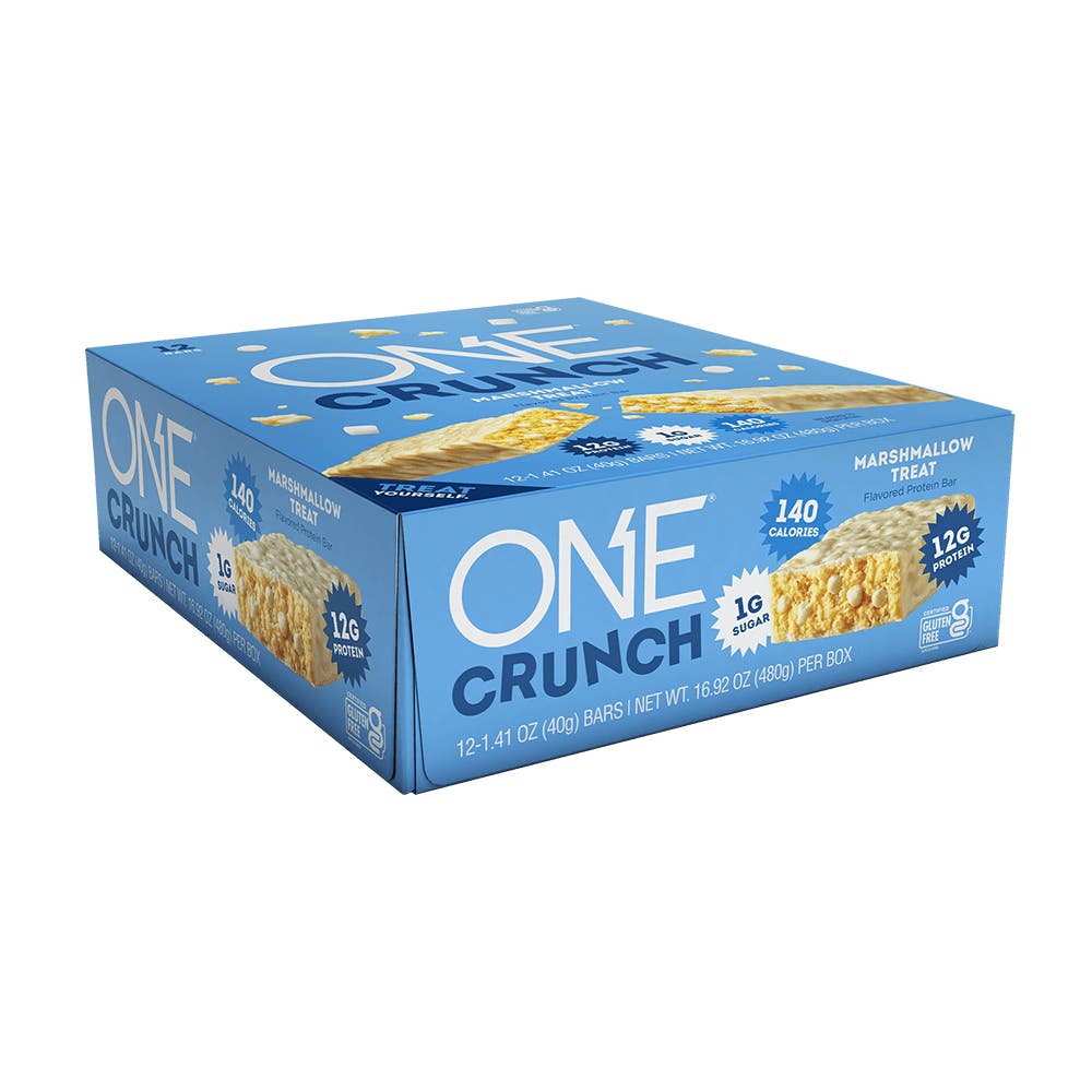 ONE CRUNCH Marshmallow Treat Flavored Protein Bars, 1.41 oz, 12 count box - Left Side of Package
