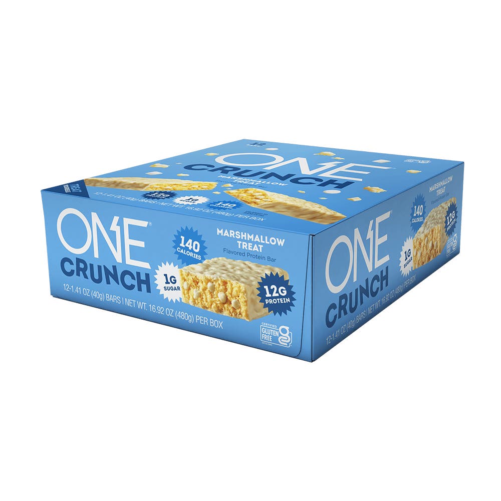 ONE CRUNCH Marshmallow Treat Flavored Protein Bars, 1.41 oz, 12 count box - Right Side of Package