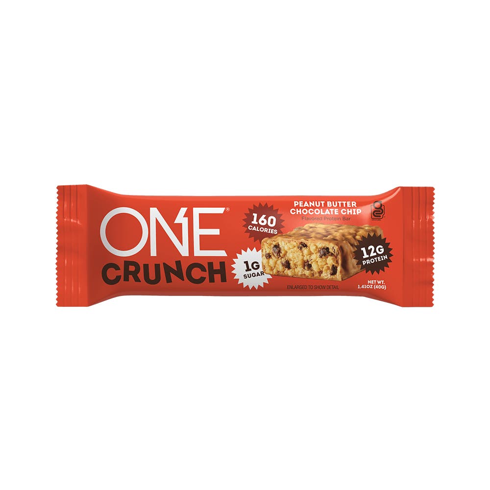 ONE CRUNCH Peanut Butter Chocolate Chip Flavored Protein Bar, 1.41 oz - Front of Package