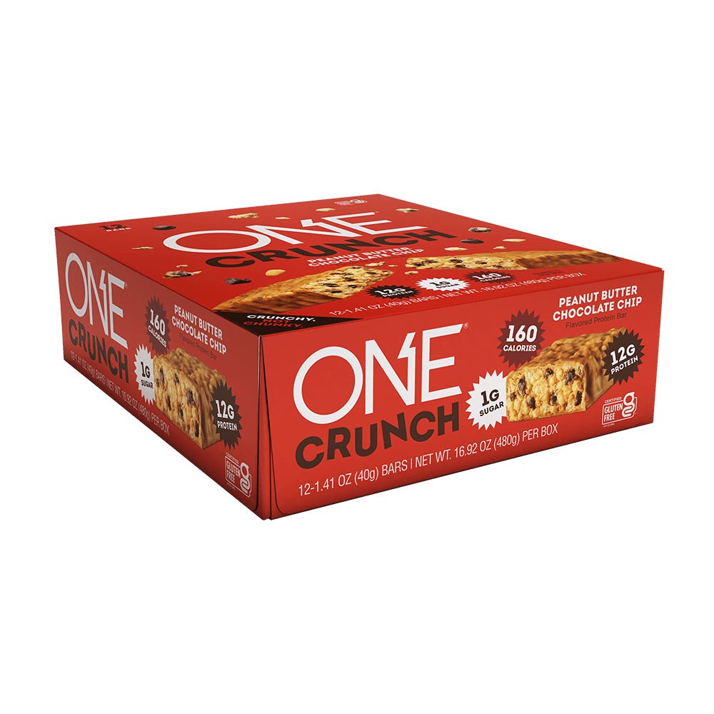 ONE CRUNCH Peanut Butter Chocolate Chip Flavored Protein Bars, 1.41 oz, 12 count box - Left Side of Package