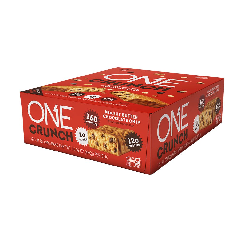 ONE CRUNCH Peanut Butter Chocolate Chip Flavored Protein Bars, 1.41 oz, 12 count box - Right Side of Package